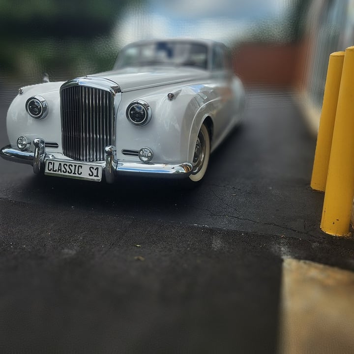 After: the same car sharp, with the sky, trees and the building behind it softly blurred, like a photo taken with a wide-open lens