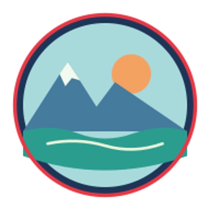 Before: a small round badge picture showing mountains, a sun and water, enlarged from a 192 pixel PNG so that its edges are soft and blurry