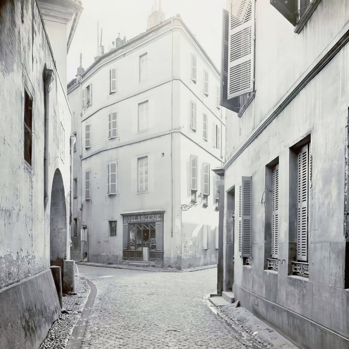After: the same street, cleaned and in neutral black and white, with the gray veil gone, stronger contrast and the grain softened
