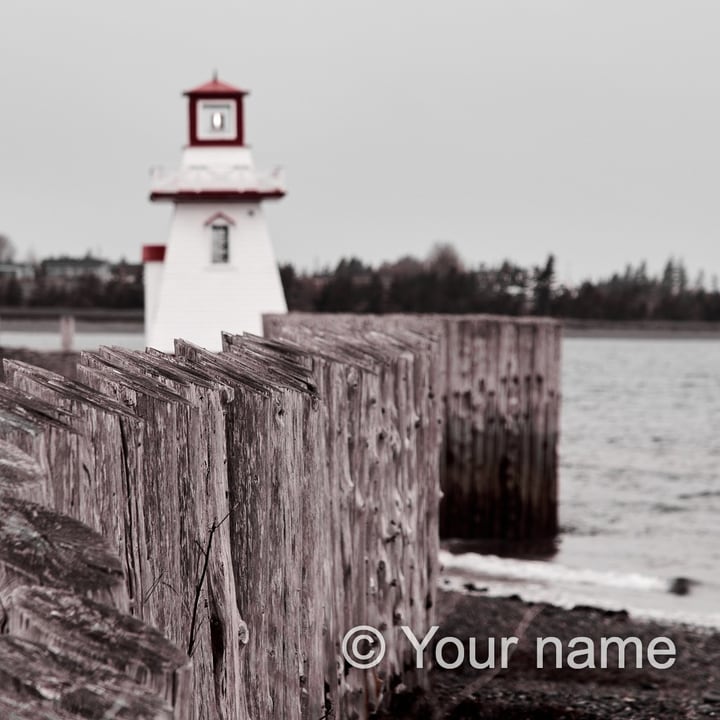 Before: a white and red lighthouse behind a wooden pier, with the text "© Your name" as a watermark in the lower corner